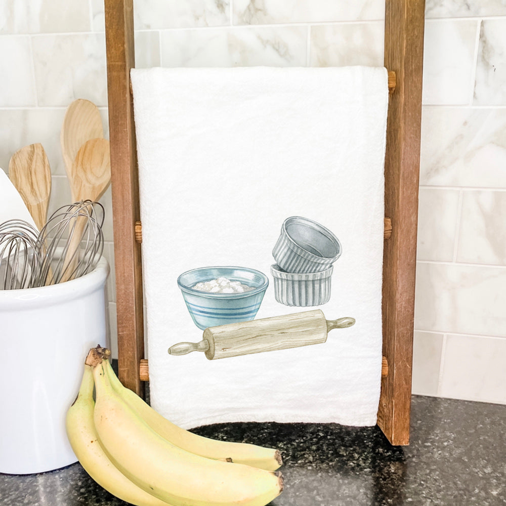 cotton tea towel depicitng baking tools