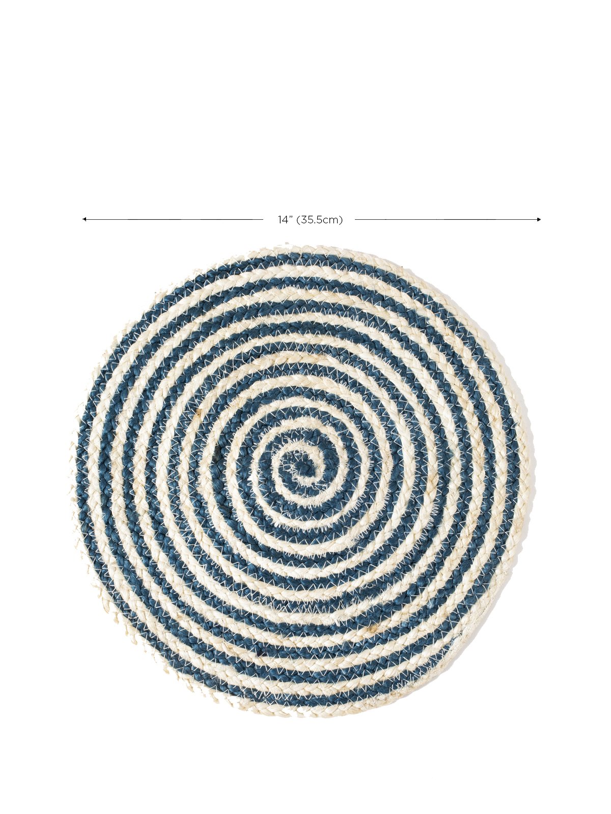 Spiral jute placemat in blue and cream with measurement diagram.