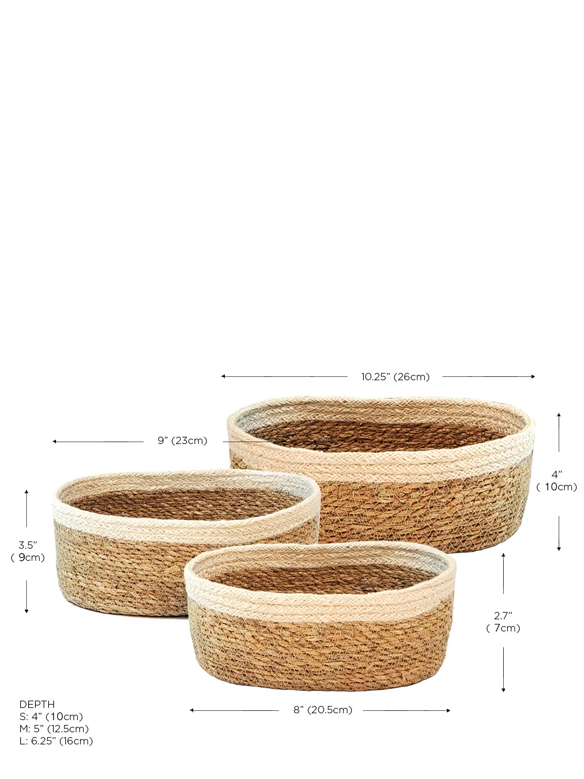 oval seagrass stroage baskets with measurements