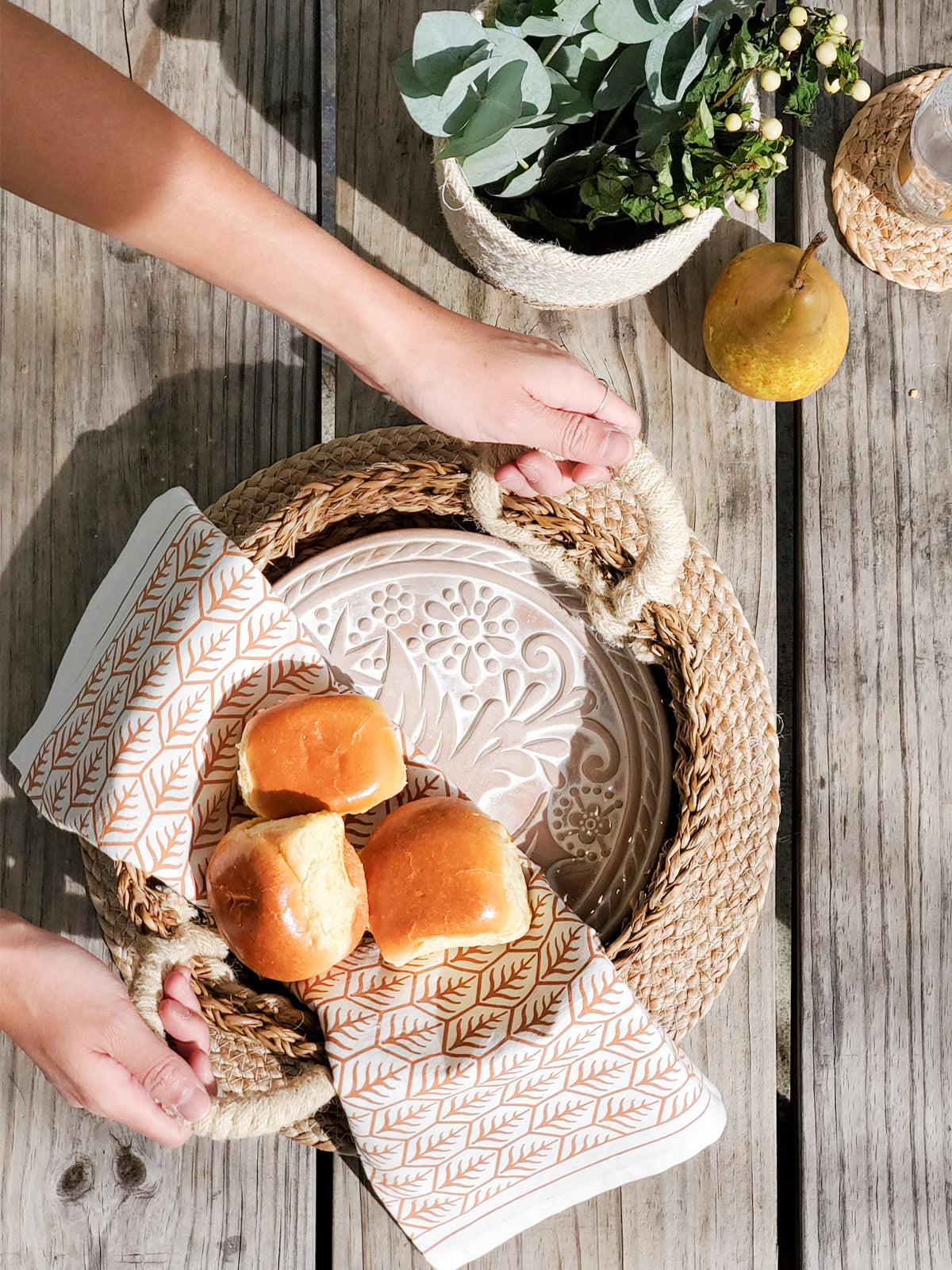Bread Warmer & Basket Gift Set with Tea Towel - Round. It's styled with bread