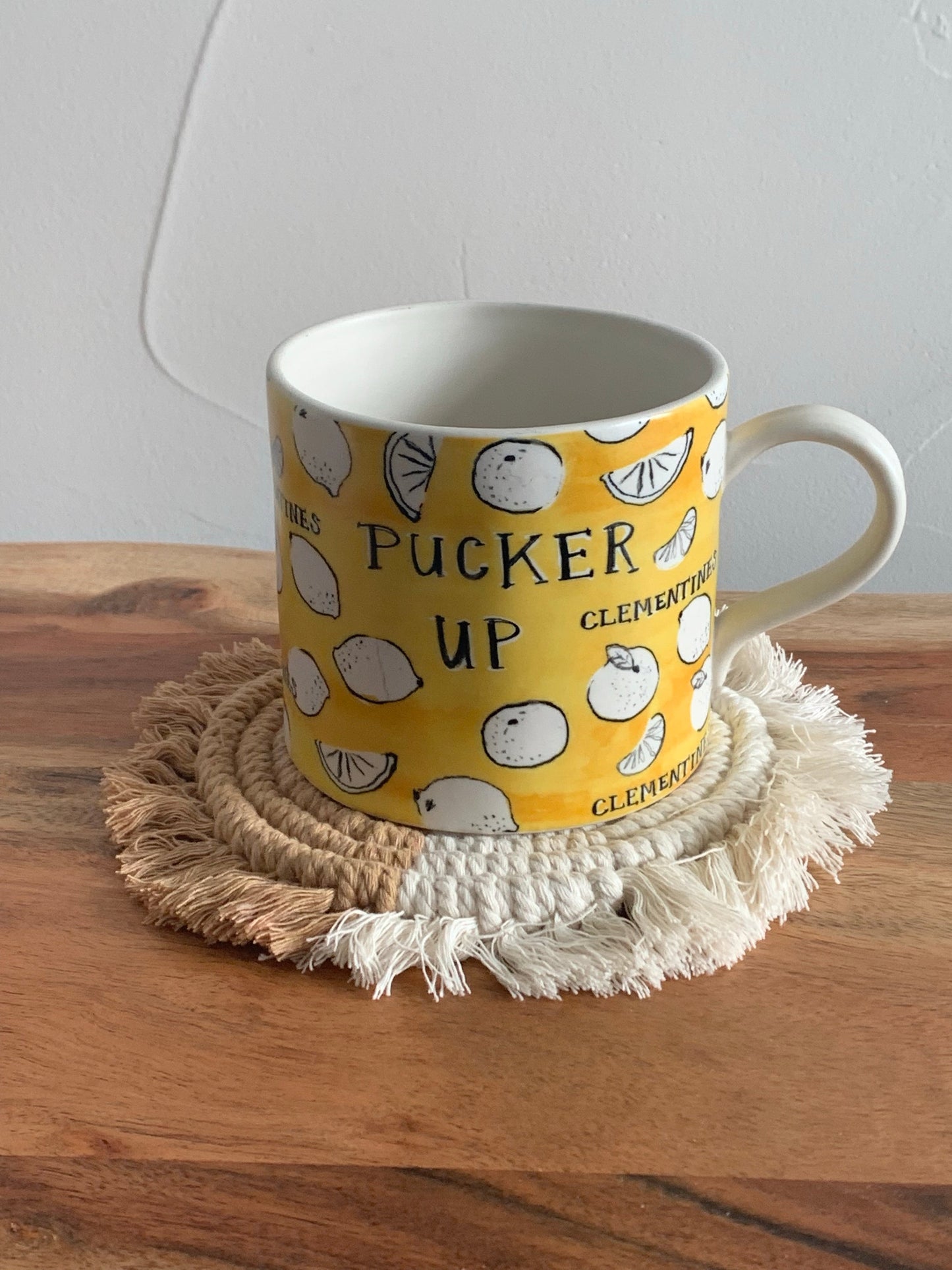 Macrame coasters styled with mug