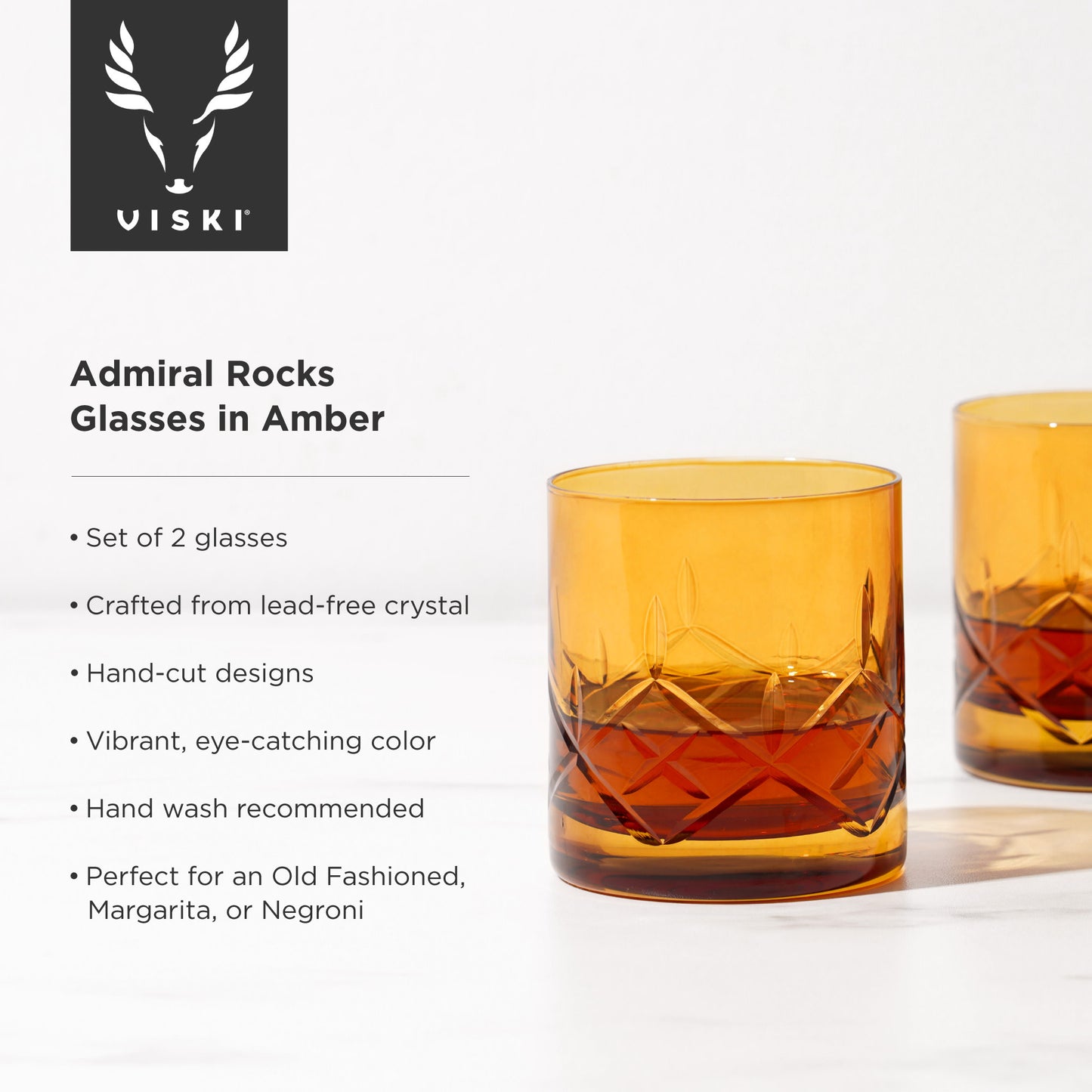 Admiral Cut Crystal Rocks Glasses in Amber – Set of 2