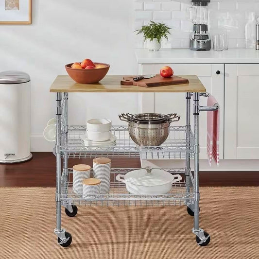Kitchen Island Cart w/ Wood Top & Storage Shelves on Wheels