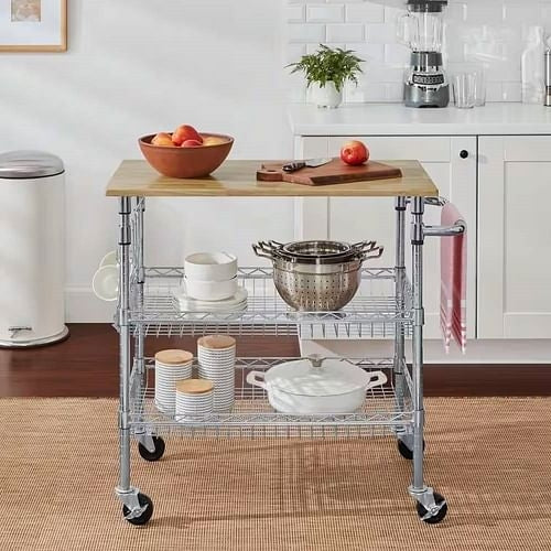 Kitchen Island Cart w/ Wood Top & Storage Shelves on Wheels