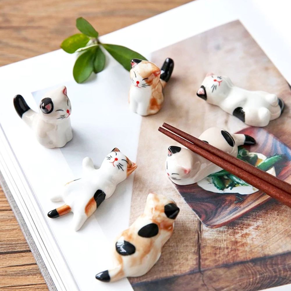 Porcelain Cat Chopstick Holder - Set of 6