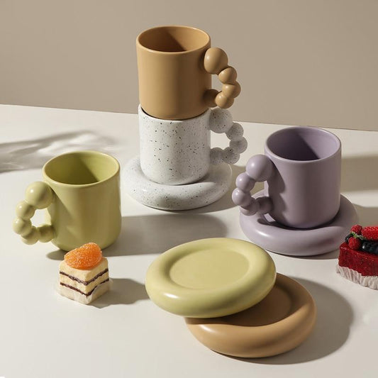 Bubble Handle Ceramic Mug & Saucer Set